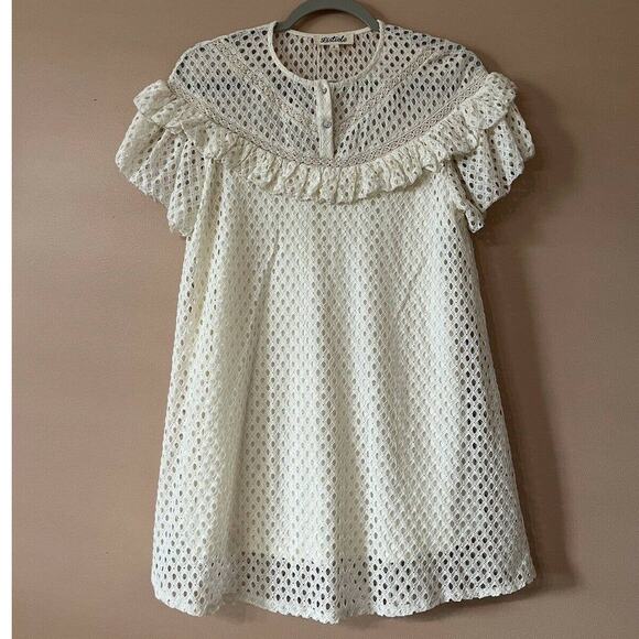 listicle Ivory Textured Woven Halter Neck mini dress Ruffle Sz S Short Sleeve - Picture 4 of 11
